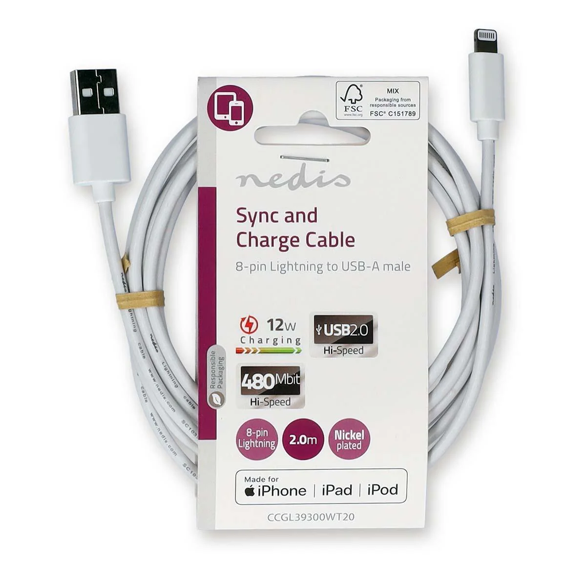 Nedis Lightning Cable | USB 2.0 | Apple Lightning 8-Pin | USB-A Male | 480 Mbps | Nickel Plated | 2.00 m | Round | PVC | White | Label - Image 4